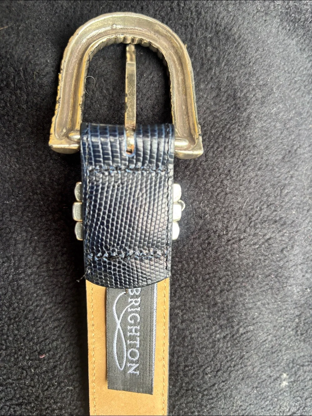 Brighton Black VintageLizard-Texture Leather Belt with Gold-Tone Buckle